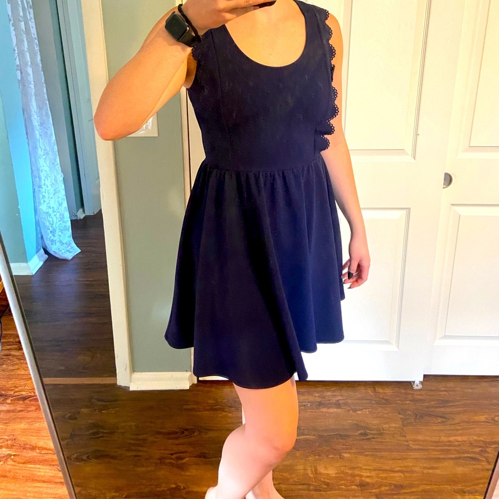 Navy mini dress with eyelet detailing